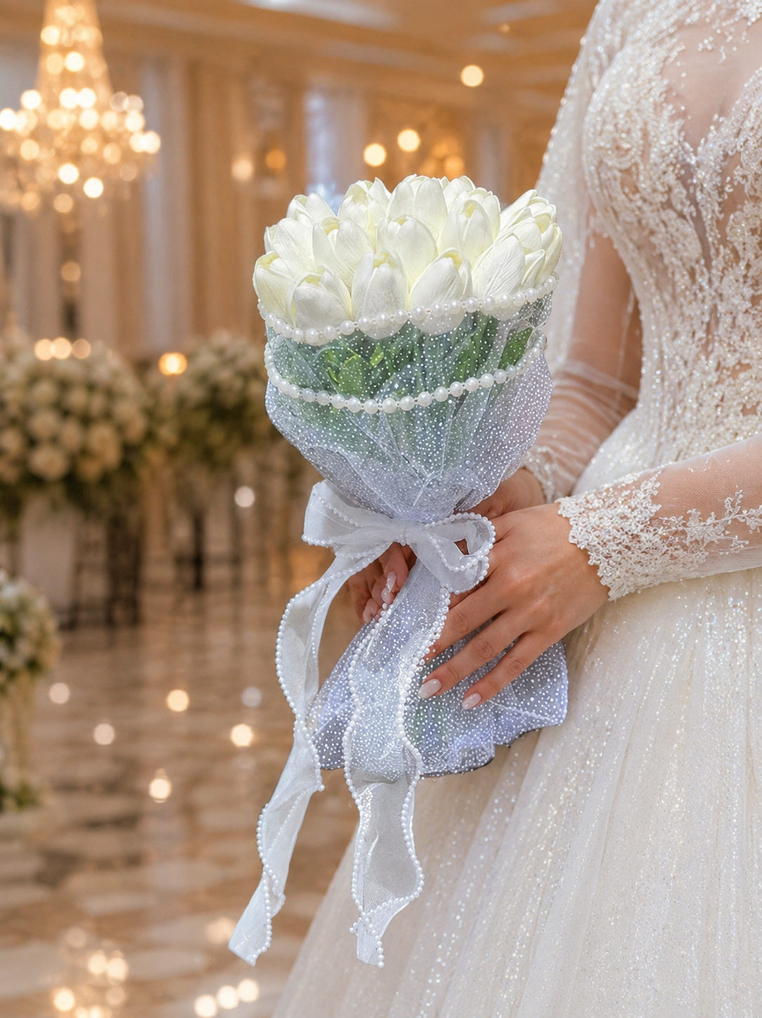 دسته گل عروس لاله و مروارید 19 شاخه لمسی ( وارداتی )