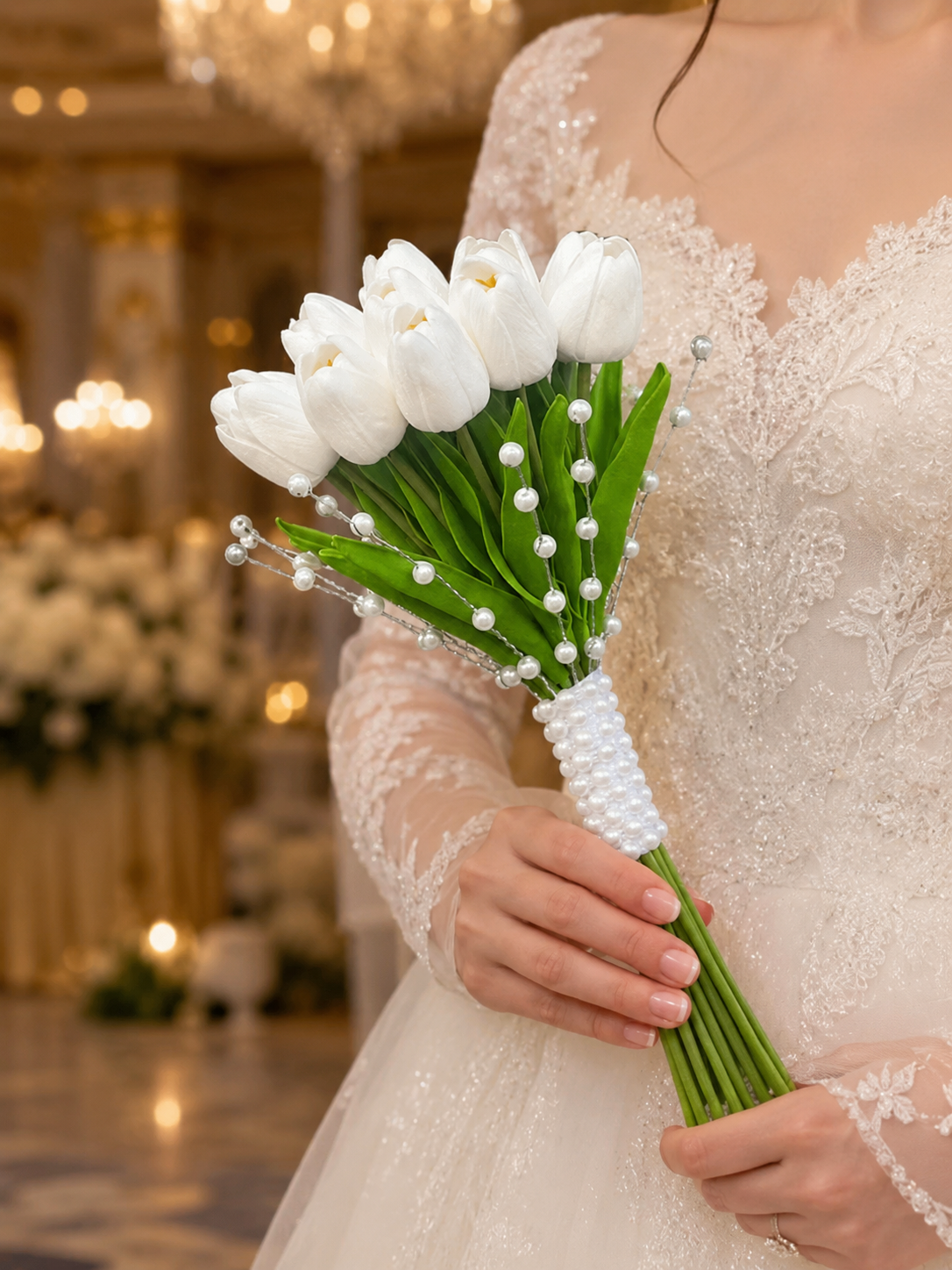 دسته گل عروس لاله 19 شاخه لمسی دیزاین مروارید