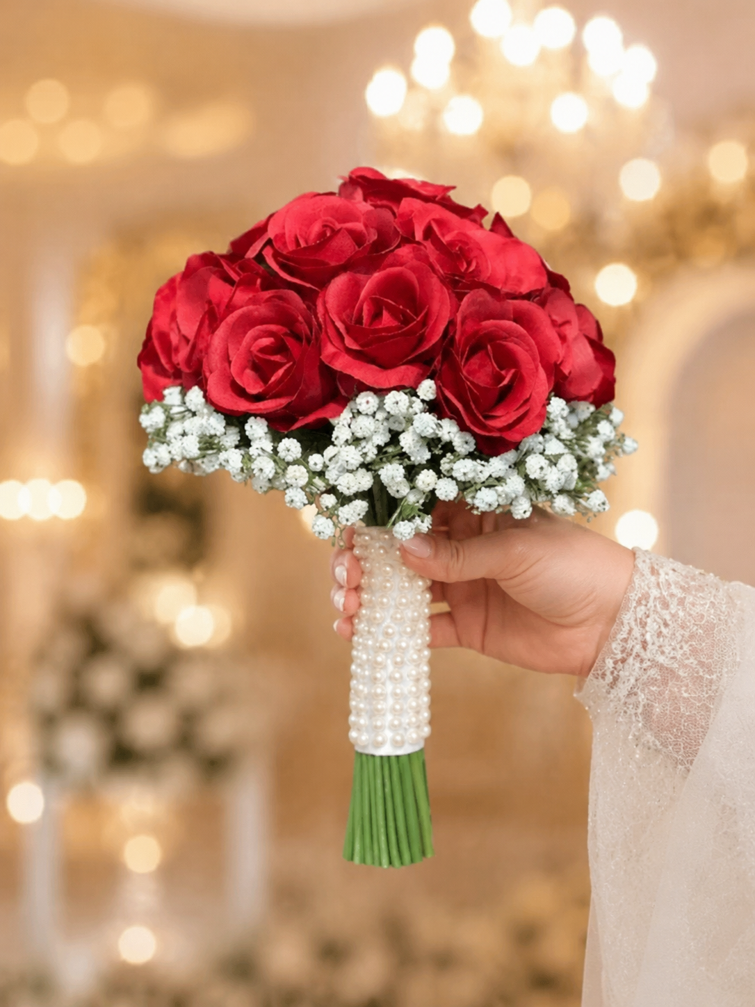 دسته گل عروس مصنوعی رز قرمز تیره 18 شاخه